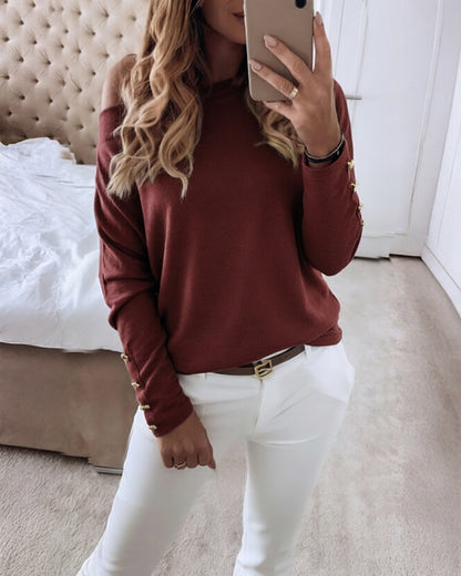 Women's Multi Way Neck Long Sleeve Top Gold Button Detail Casual Knit Tee