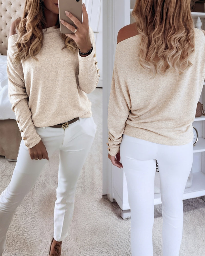 Women's Multi Way Neck Long Sleeve Top Gold Button Detail Casual Knit Tee