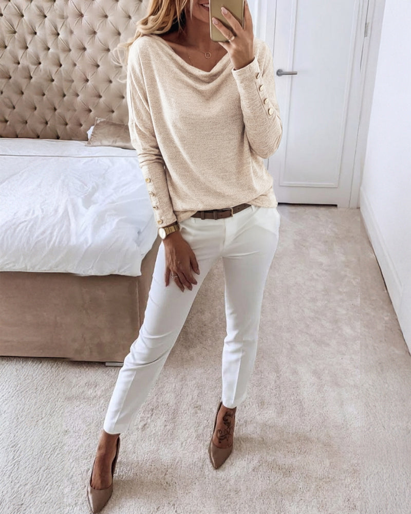 Women's Multi Way Neck Long Sleeve Top Gold Button Detail Casual Knit Tee