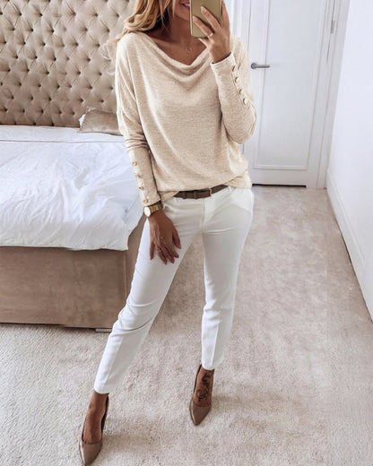 Women's Multi Way Neck Long Sleeve Top Gold Button Detail Casual Knit Tee