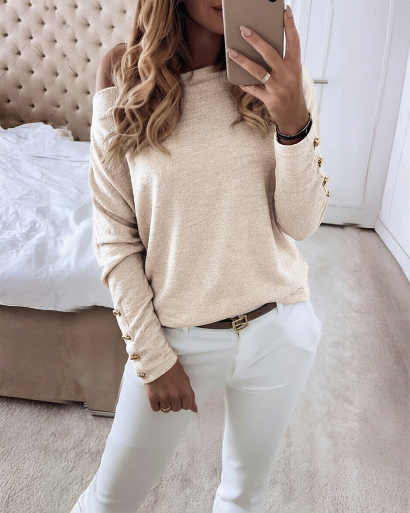 Women's Multi Way Neck Long Sleeve Top Gold Button Detail Casual Knit Tee
