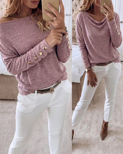 Women's Multi Way Neck Long Sleeve Top Gold Button Detail Casual Knit Tee