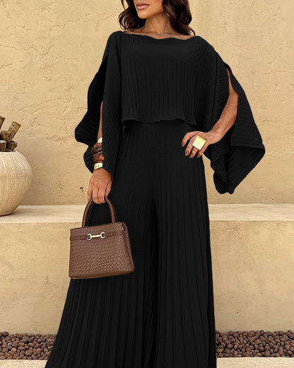 2 Pieces Outfit Irregular Hem Slit Sleeve Top and High Waist Wide Leg Pleated Pants Set