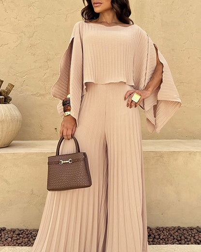 2 Pieces Outfit Irregular Hem Slit Sleeve Top and High Waist Wide Leg Pleated Pants Set