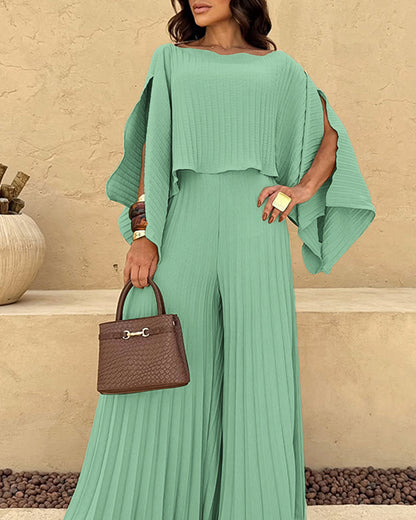 2 Pieces Outfit Irregular Hem Slit Sleeve Top and High Waist Wide Leg Pleated Pants Set