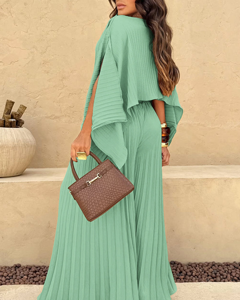 2 Pieces Outfit Irregular Hem Slit Sleeve Top and High Waist Wide Leg Pleated Pants Set
