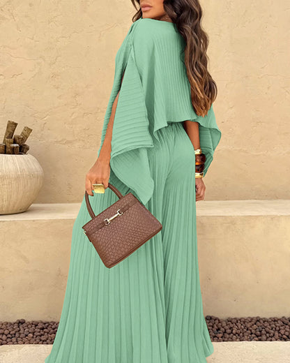 2 Pieces Outfit Irregular Hem Slit Sleeve Top and High Waist Wide Leg Pleated Pants Set