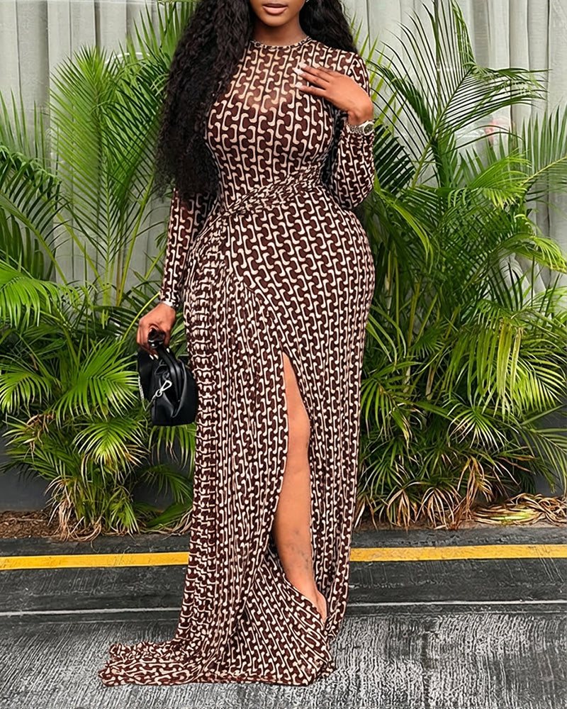 Geometric Print Long Sleeve Waist Tied Detail Maxi Dress Casual Slim Fit Slit Vacation Dress