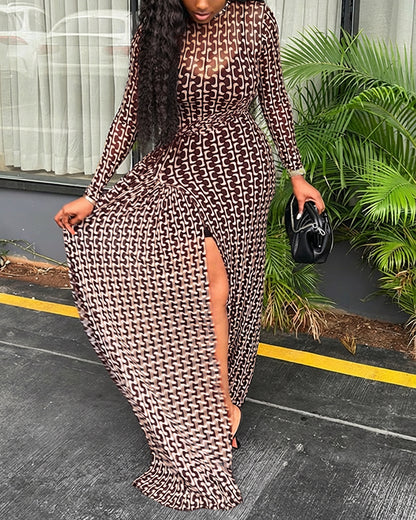Geometric Print Long Sleeve Waist Tied Detail Maxi Dress Casual Slim Fit Slit Vacation Dress
