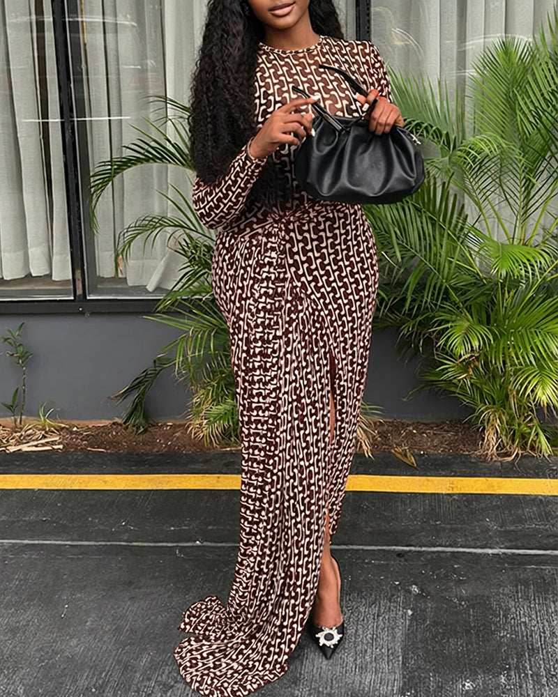 Geometric Print Long Sleeve Waist Tied Detail Maxi Dress Casual Slim Fit Slit Vacation Dress