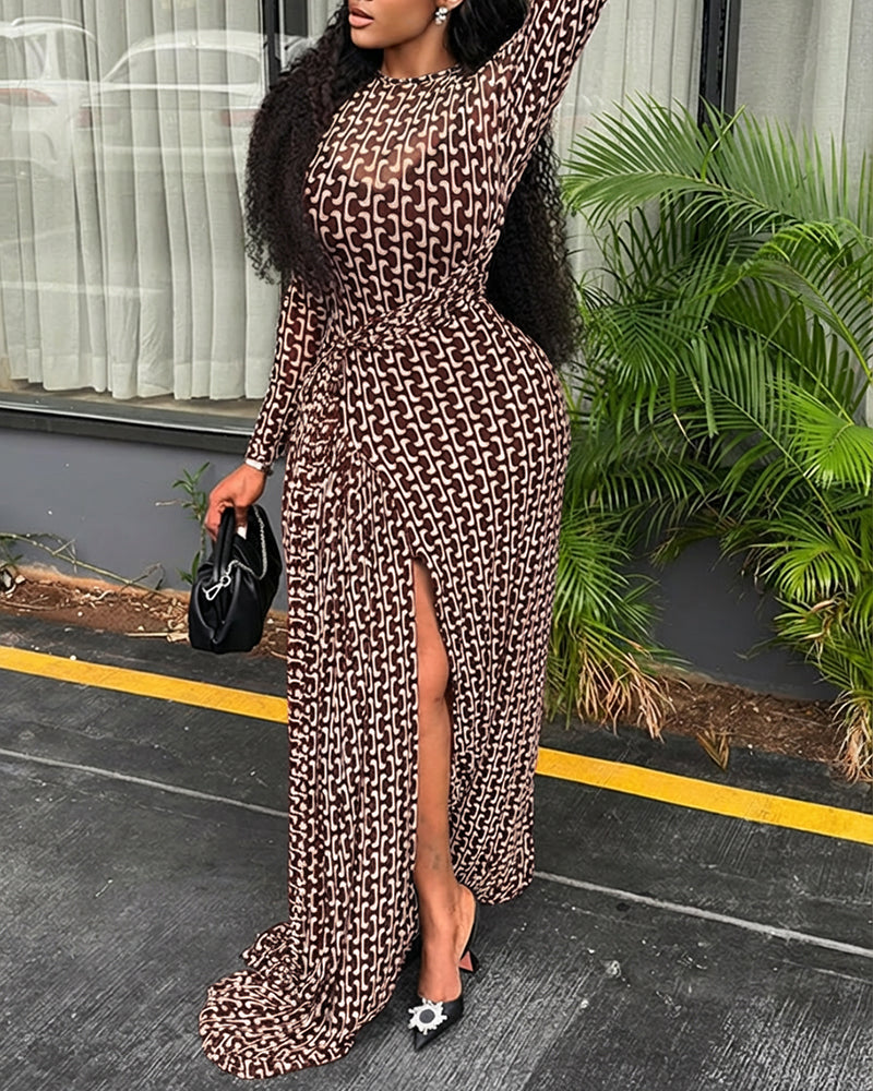 Geometric Print Long Sleeve Waist Tied Detail Maxi Dress Casual Slim Fit Slit Vacation Dress