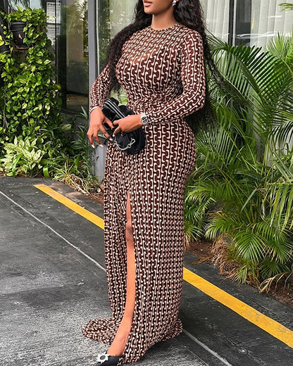 Geometric Print Long Sleeve Waist Tied Detail Maxi Dress Casual Slim Fit Slit Vacation Dress