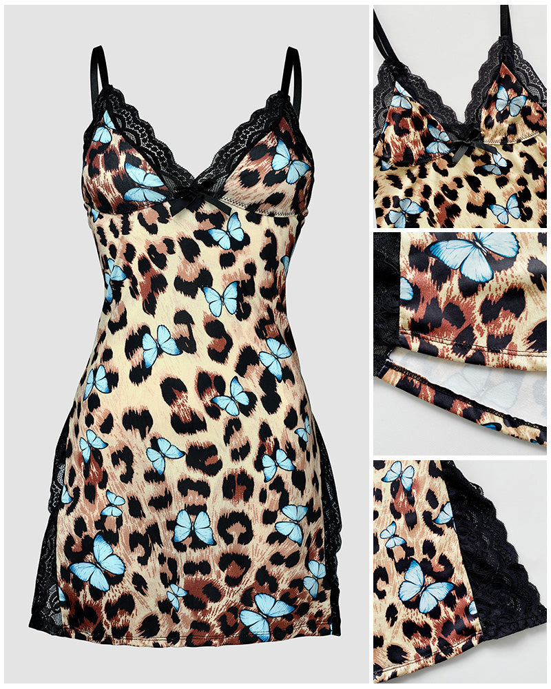 Butterfly Leopard Print Bowknot Decor Lace Patch Sleep Dress