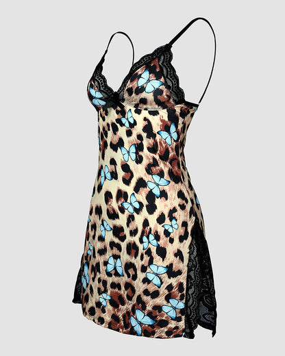 Butterfly Leopard Print Bowknot Decor Lace Patch Sleep Dress