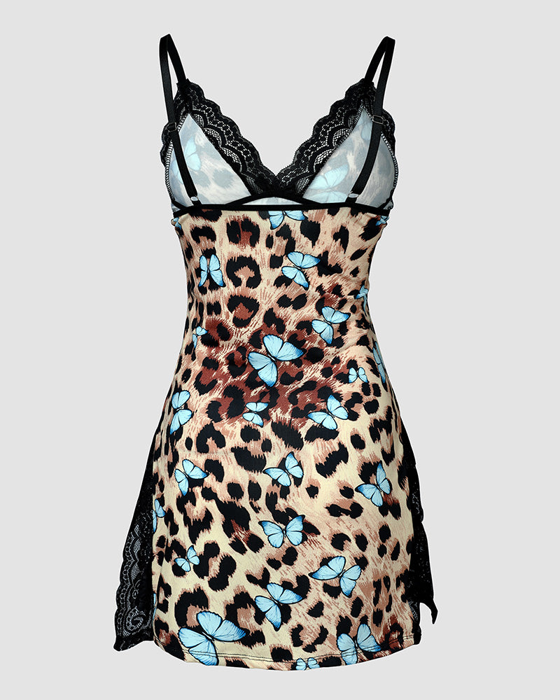 Butterfly Leopard Print Bowknot Decor Lace Patch Sleep Dress