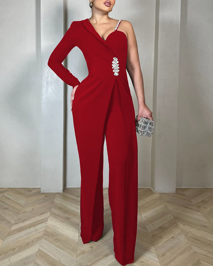 One Shoulder Rhinestone Decor Jumpsuit Casual Long Sleeve Wide Leg Romper