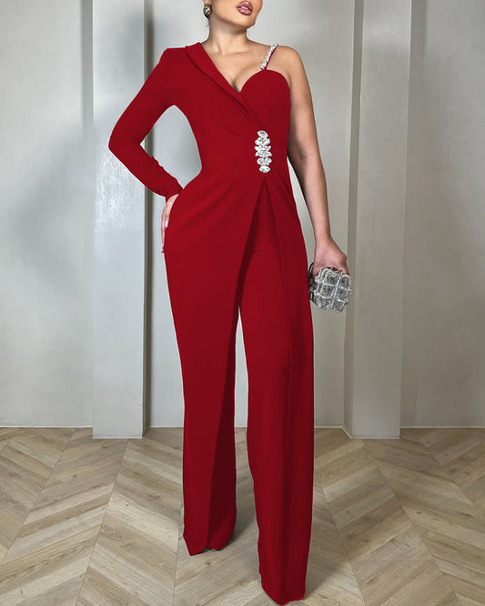 One Shoulder Rhinestone Decor Jumpsuit Casual Long Sleeve Wide Leg Romper