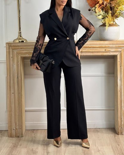 2 Pieces Outfit Contrast Lace Long Sleeve Notched Collar Top and Casual Wide Leg Pants Set