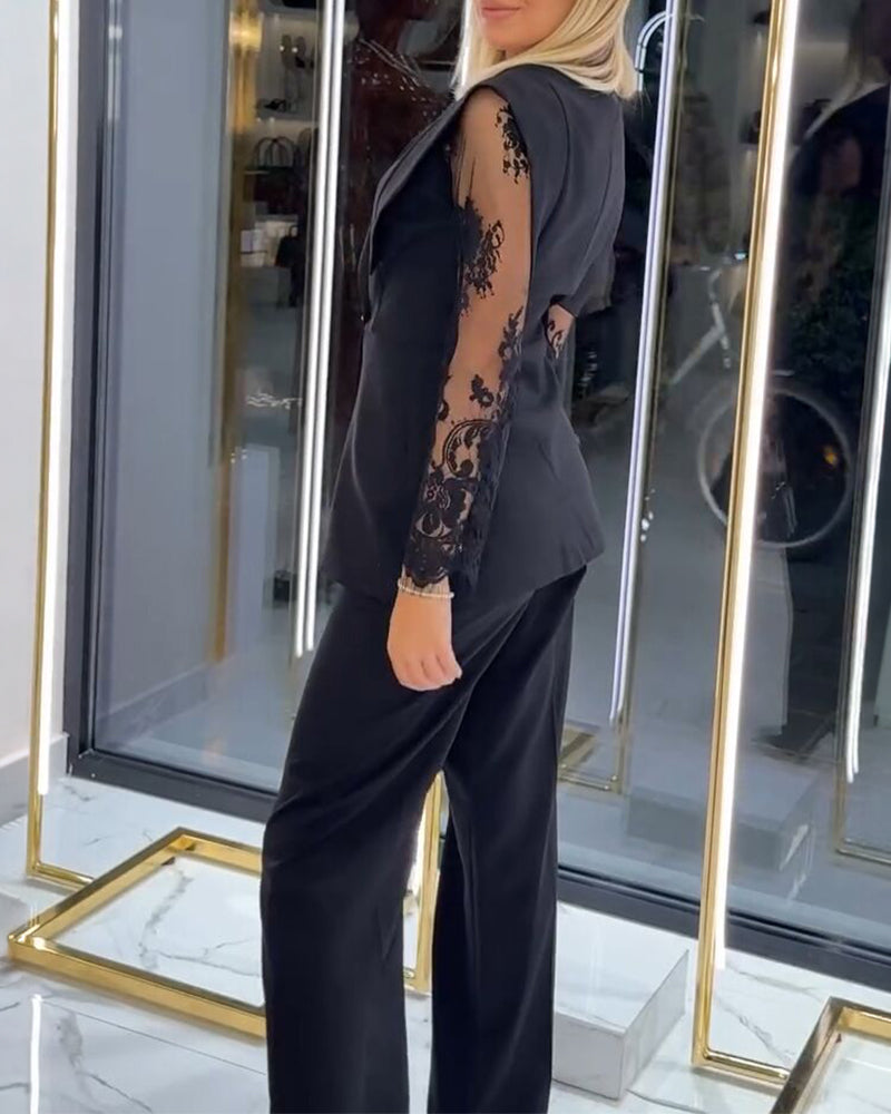 2 Pieces Outfit Contrast Lace Long Sleeve Notched Collar Top and Casual Wide Leg Pants Set