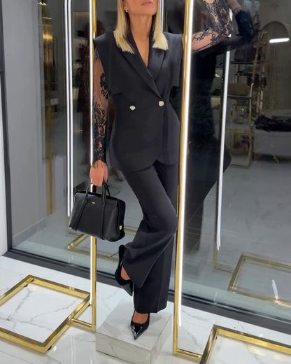 2 Pieces Outfit Contrast Lace Long Sleeve Notched Collar Top and Casual Wide Leg Pants Set