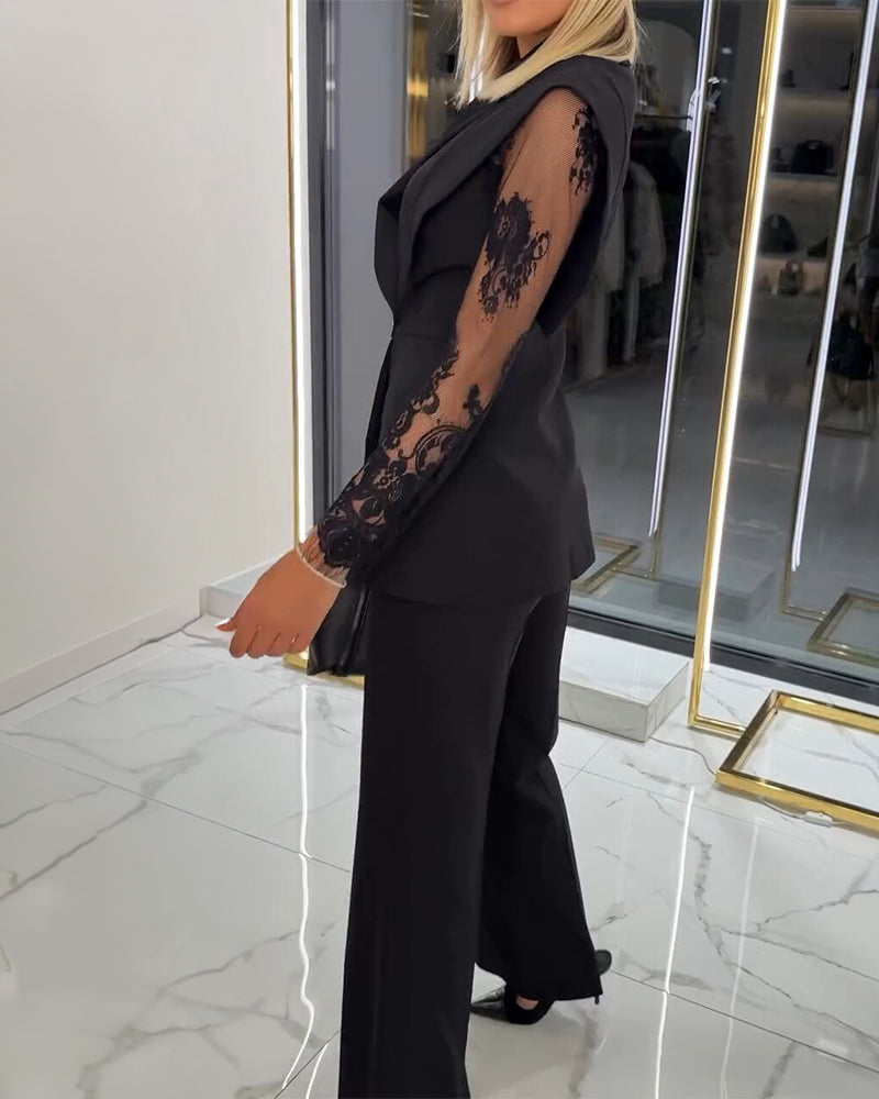 2 Pieces Outfit Contrast Lace Long Sleeve Notched Collar Top and Casual Wide Leg Pants Set