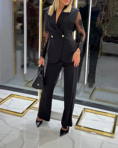 2 Pieces Outfit Contrast Lace Long Sleeve Notched Collar Top and Casual Wide Leg Pants Set