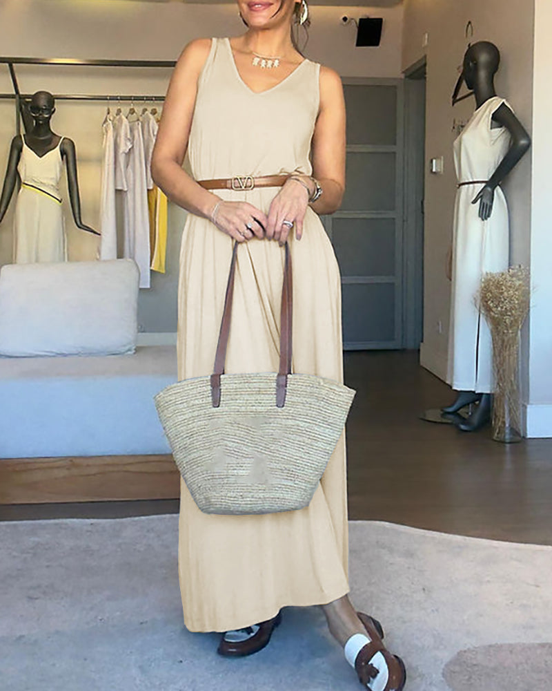 V-Neck Sleeveless A Line Casual Dress Casual Two-Way Wear Loose Fit Maxi Dress