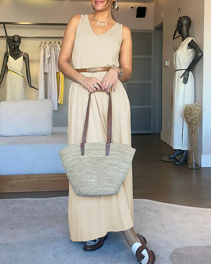 V-Neck Sleeveless A Line Casual Dress Casual Two-Way Wear Loose Fit Maxi Dress