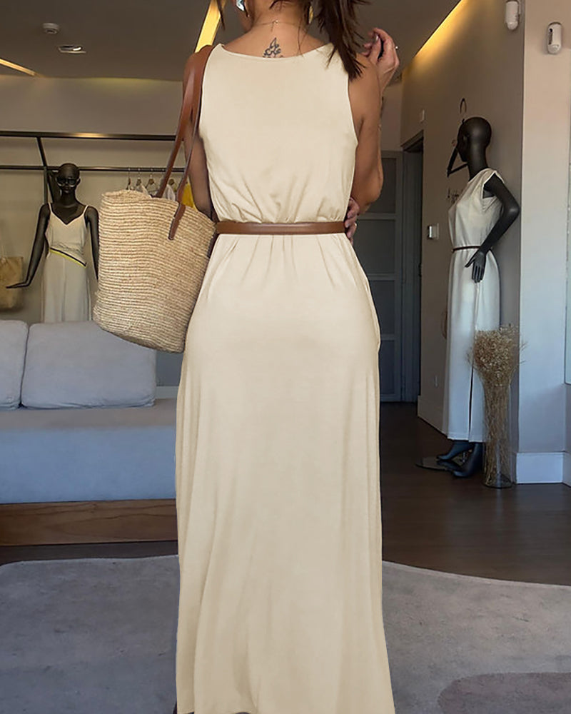 V-Neck Sleeveless A Line Casual Dress Casual Two-Way Wear Loose Fit Maxi Dress