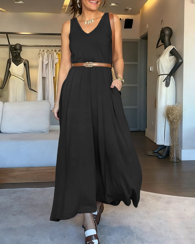 V-Neck Sleeveless A Line Casual Dress Casual Two-Way Wear Loose Fit Maxi Dress