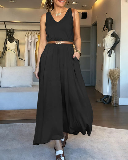 V-Neck Sleeveless A Line Casual Dress Casual Two-Way Wear Loose Fit Maxi Dress