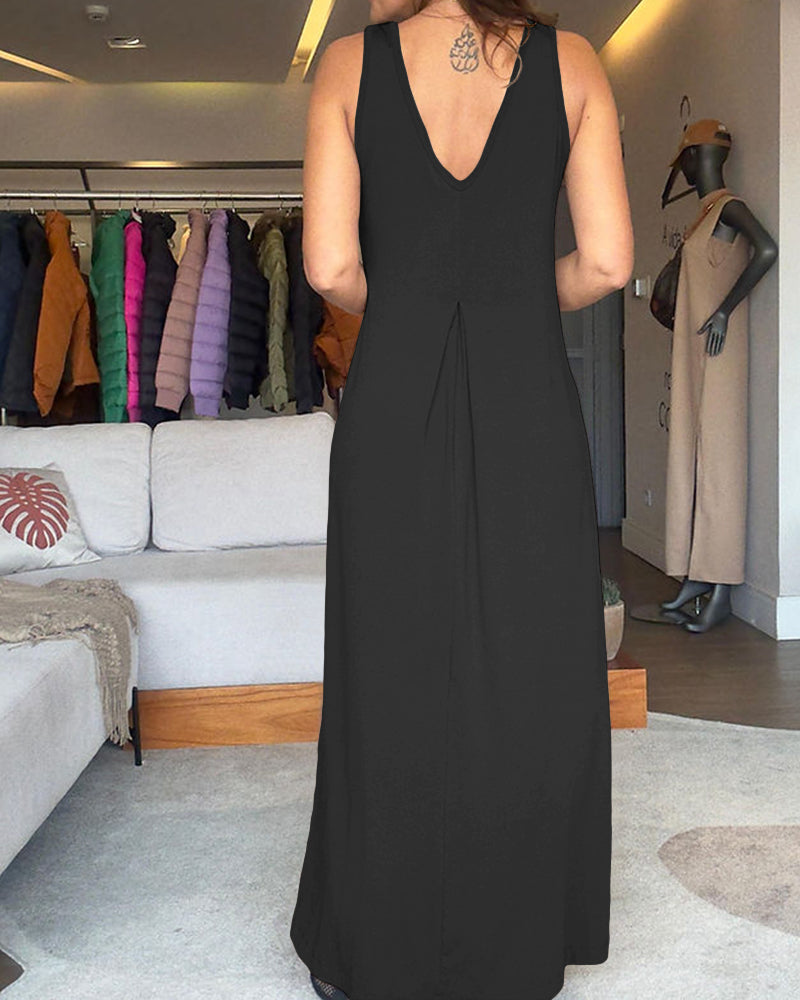 V-Neck Sleeveless A Line Casual Dress Casual Two-Way Wear Loose Fit Maxi Dress
