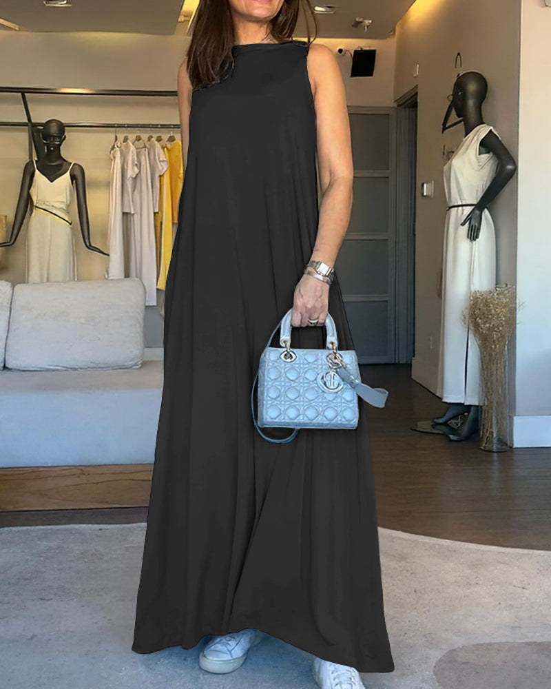 V-Neck Sleeveless A Line Casual Dress Casual Two-Way Wear Loose Fit Maxi Dress