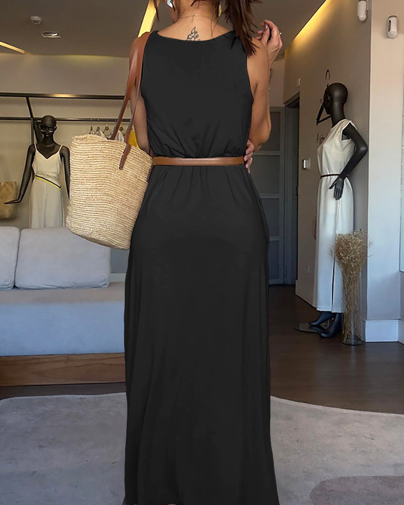 V-Neck Sleeveless A Line Casual Dress Casual Two-Way Wear Loose Fit Maxi Dress