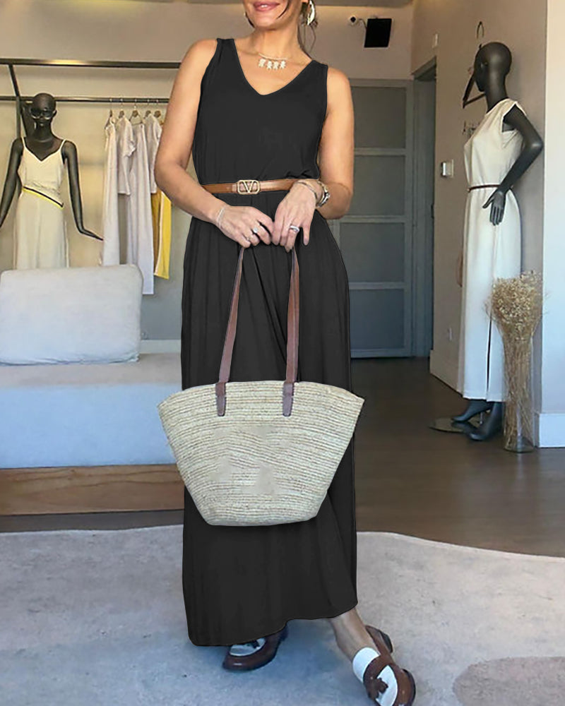 V-Neck Sleeveless A Line Casual Dress Casual Two-Way Wear Loose Fit Maxi Dress