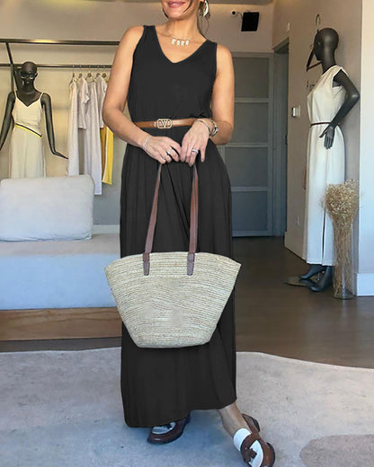 V-Neck Sleeveless A Line Casual Dress Casual Two-Way Wear Loose Fit Maxi Dress
