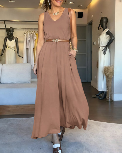 V-Neck Sleeveless A Line Casual Dress Casual Two-Way Wear Loose Fit Maxi Dress