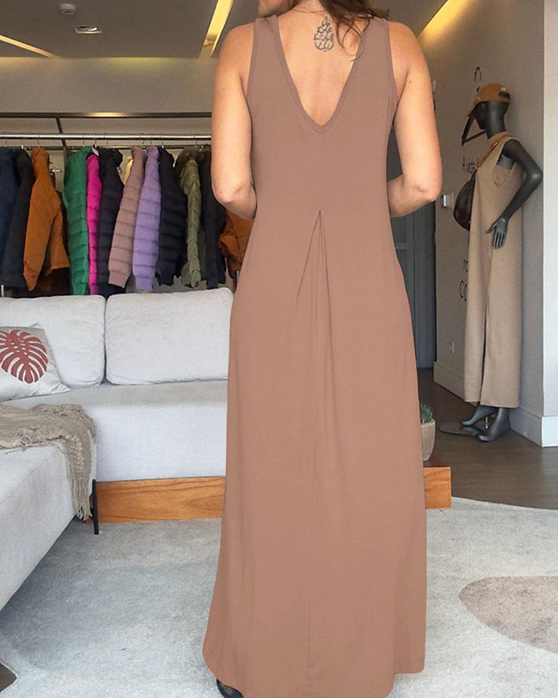 V-Neck Sleeveless A Line Casual Dress Casual Two-Way Wear Loose Fit Maxi Dress