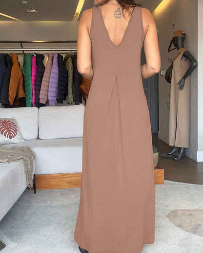 V-Neck Sleeveless A Line Casual Dress Casual Two-Way Wear Loose Fit Maxi Dress