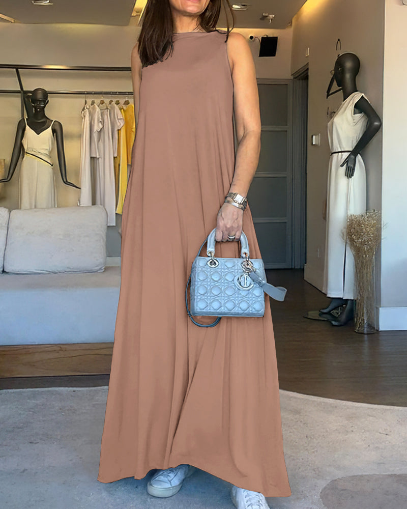 V-Neck Sleeveless A Line Casual Dress Casual Two-Way Wear Loose Fit Maxi Dress