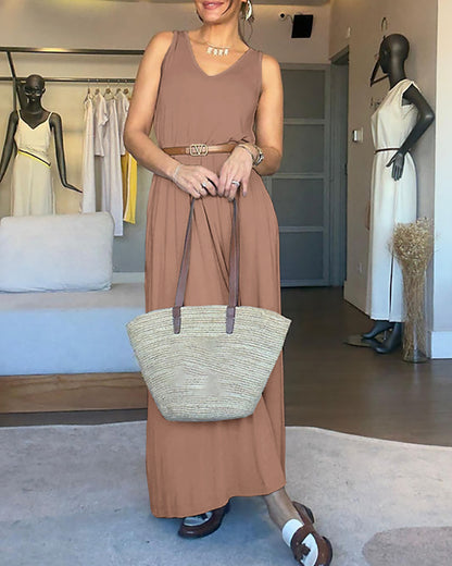 V-Neck Sleeveless A Line Casual Dress Casual Two-Way Wear Loose Fit Maxi Dress