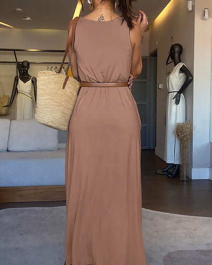 V-Neck Sleeveless A Line Casual Dress Casual Two-Way Wear Loose Fit Maxi Dress