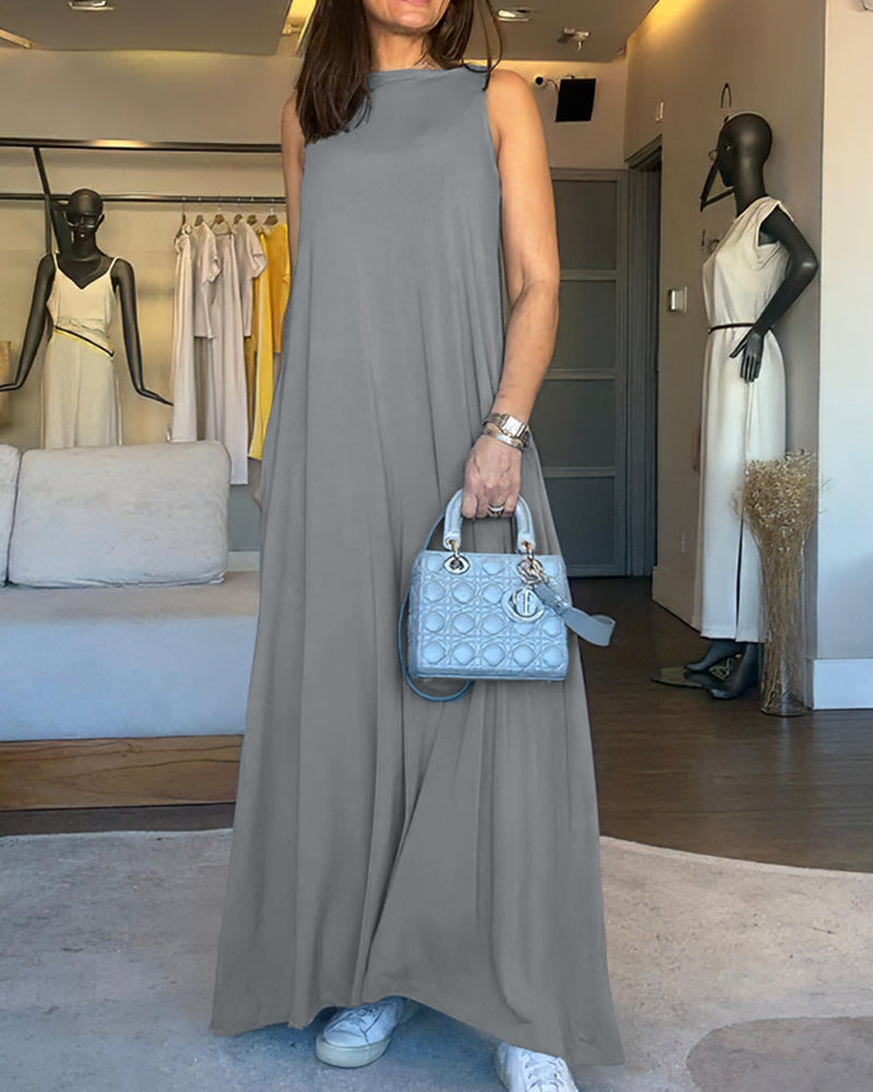 V-Neck Sleeveless A Line Casual Dress Casual Two-Way Wear Loose Fit Maxi Dress