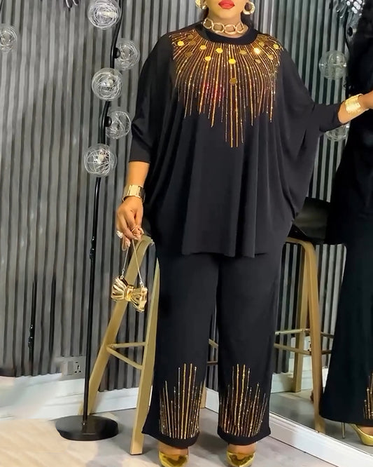 2 Pieces Outfit Round Neck Batwing Sleeve Loose Fit Top and Elastic Waist Wide Leg Pants Set Casual Golden Rhinestone & Sequin Decor Set