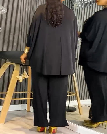 2 Pieces Outfit Round Neck Batwing Sleeve Loose Fit Top and Elastic Waist Wide Leg Pants Set Casual Golden Rhinestone & Sequin Decor Set