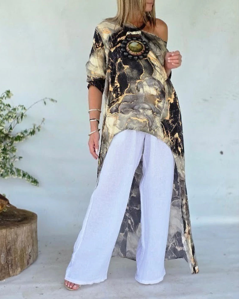 Marble Print Three Quarters Sleeve Cold Shoulder Blouse Casual Asymmetrical Hem Longline Loose Top