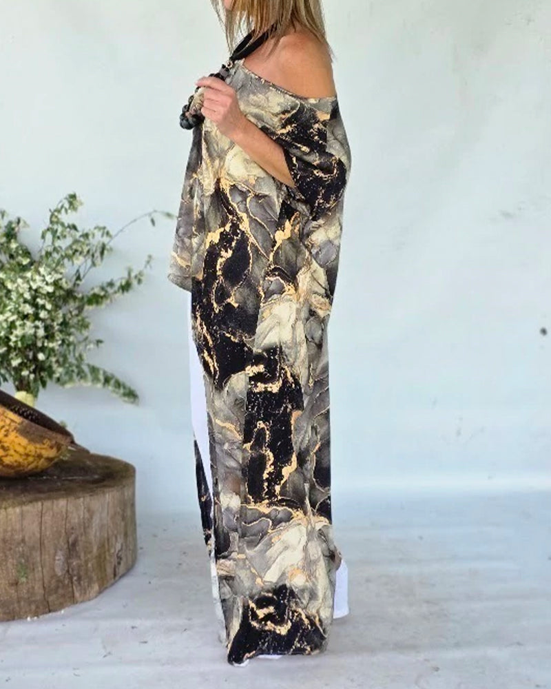 Marble Print Three Quarters Sleeve Cold Shoulder Blouse Casual Asymmetrical Hem Longline Loose Top