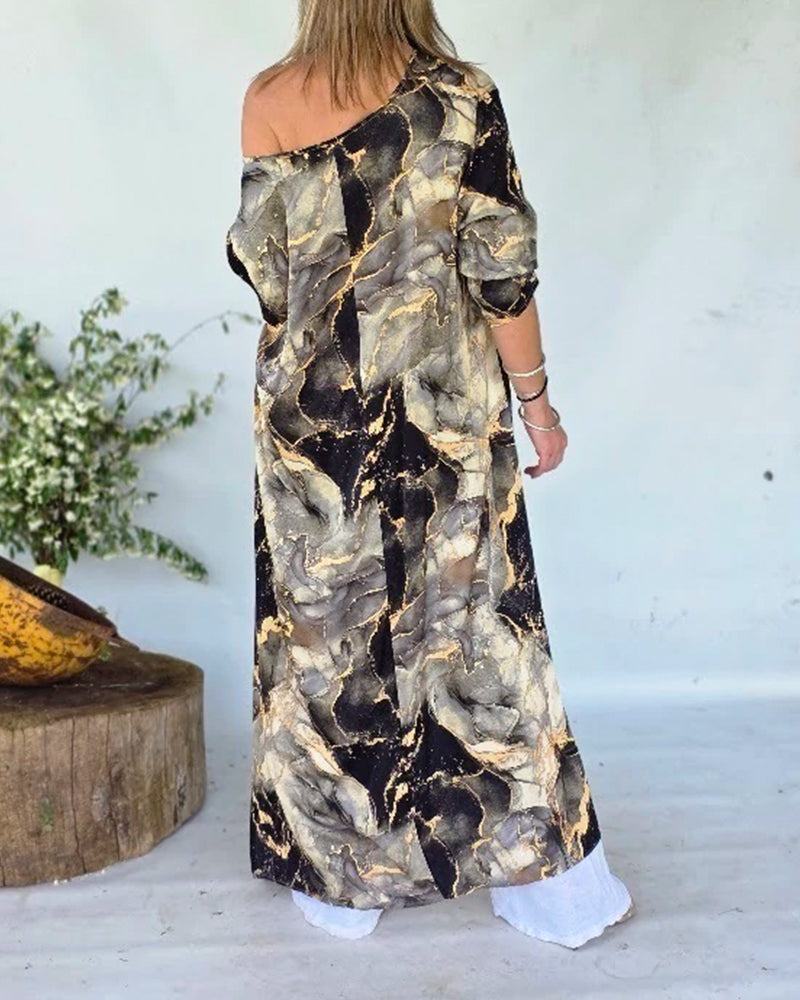 Marble Print Three Quarters Sleeve Cold Shoulder Blouse Casual Asymmetrical Hem Longline Loose Top