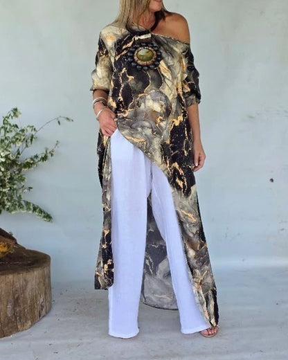 Marble Print Three Quarters Sleeve Cold Shoulder Blouse Casual Asymmetrical Hem Longline Loose Top