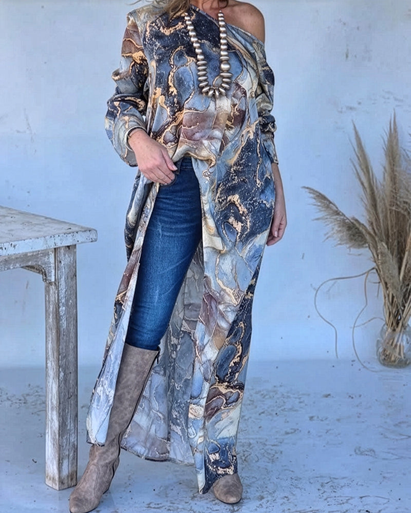 Marble Print Three Quarters Sleeve Cold Shoulder Blouse Casual Asymmetrical Hem Longline Loose Top